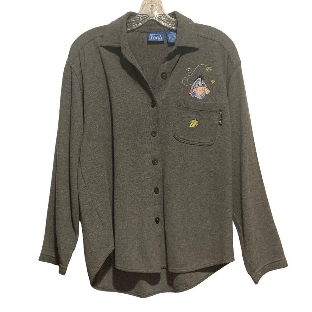 Women's DISNEY Top Sz M Eeyore Embroidered Button Down Shirt Gray Pooh Character